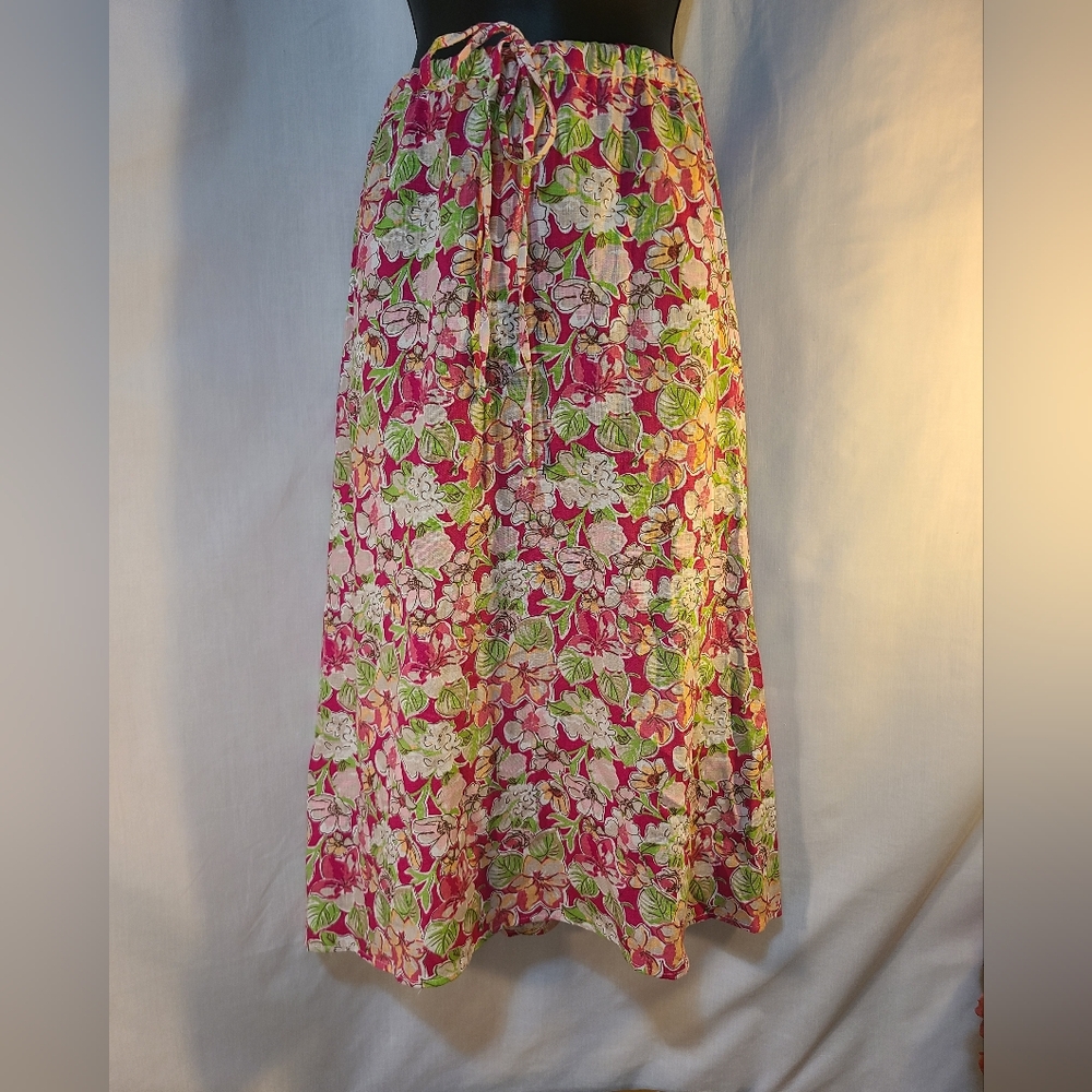 Floral Pink and Green Women's Linen Rayon Blend Skirt